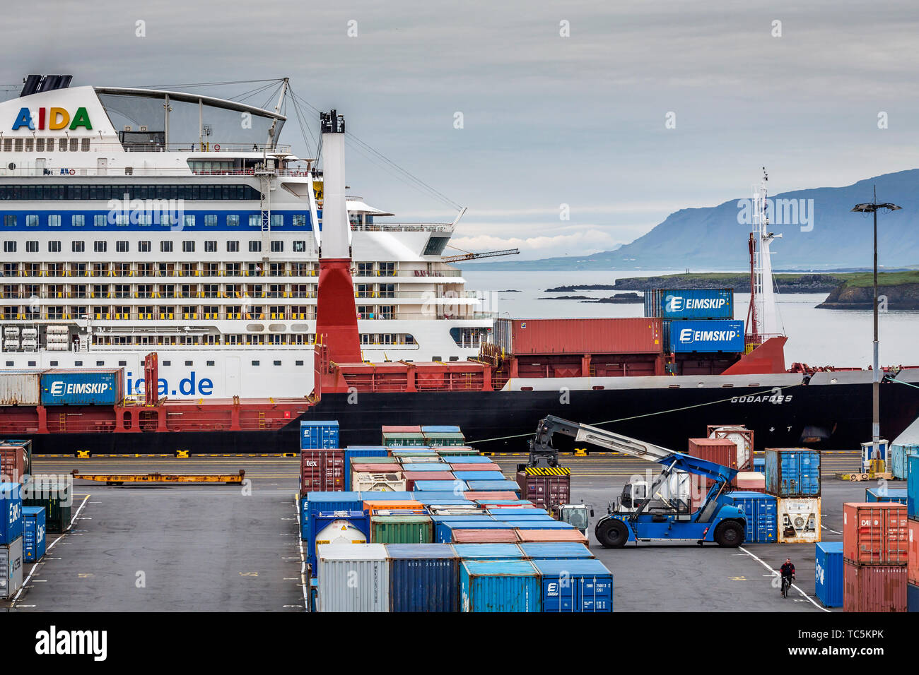 Shipping Containers With Cruise Ship Docked In Reykjavik Harbor Iceland Stock Photo Alamy