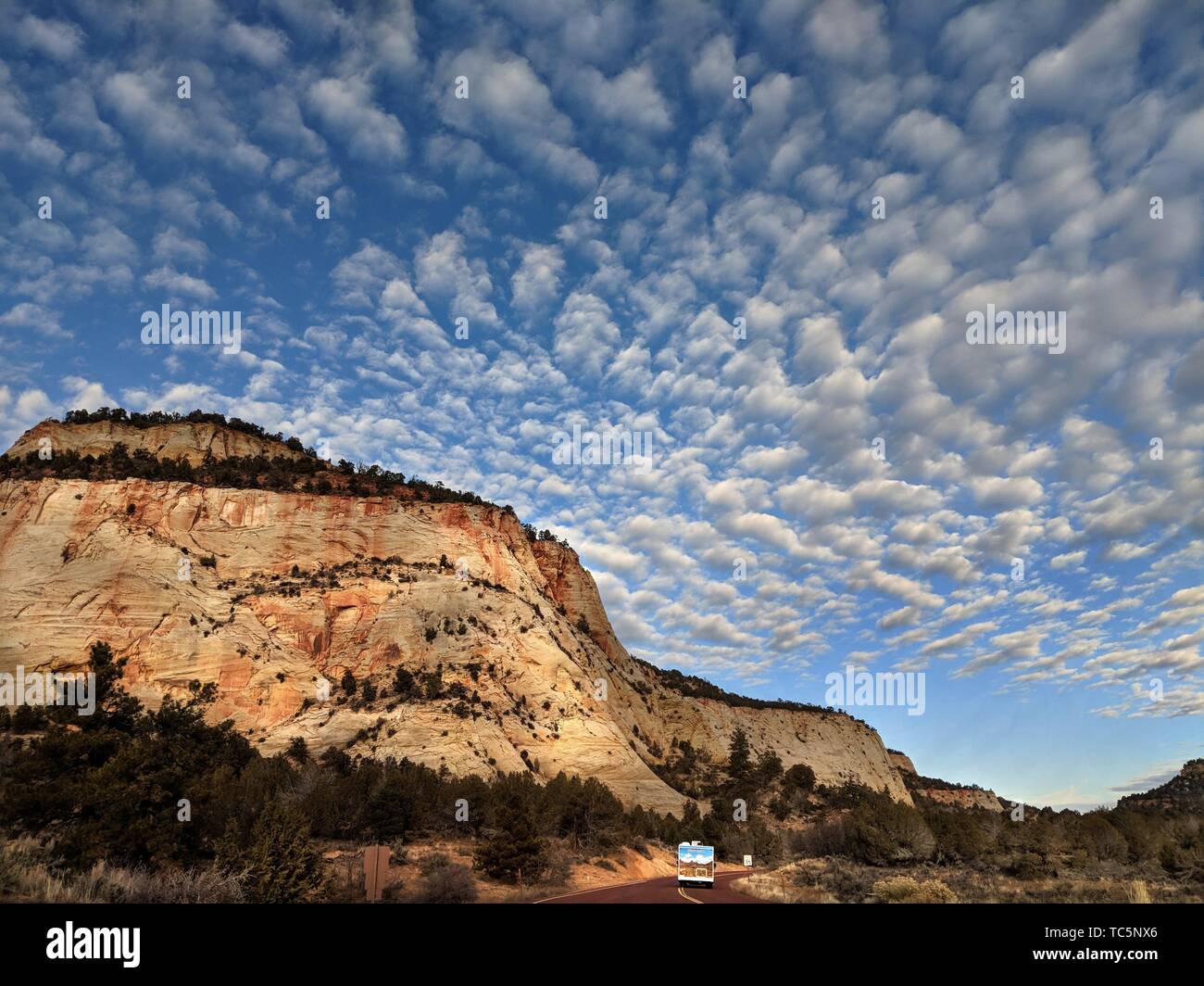 Unusual scattered clouds appear over the Eastside of Zion National Park, Utah. Stock Photo