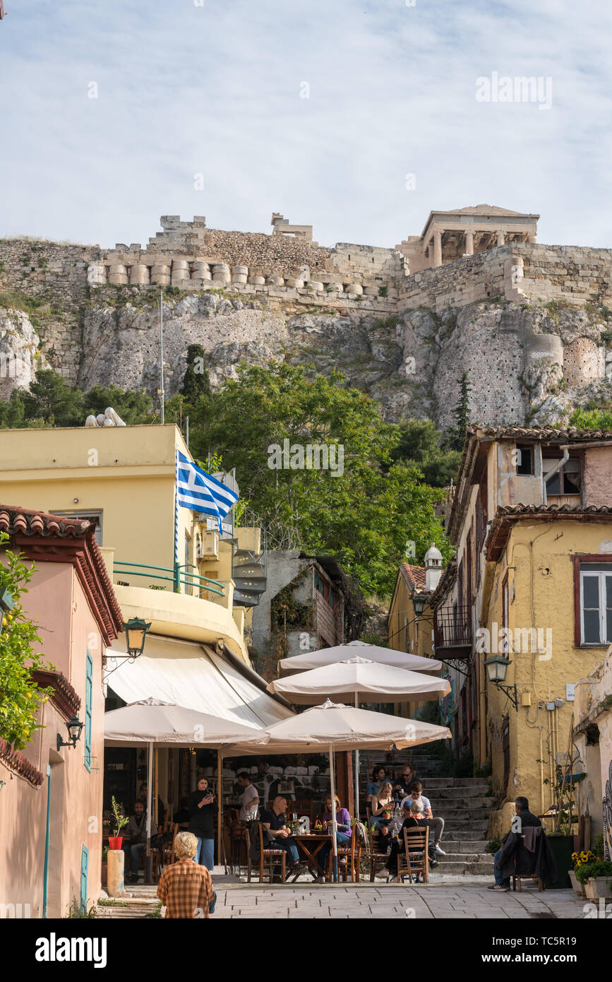 Tavernas in ancient residential district of Plaka in Athens Greece Stock Photo