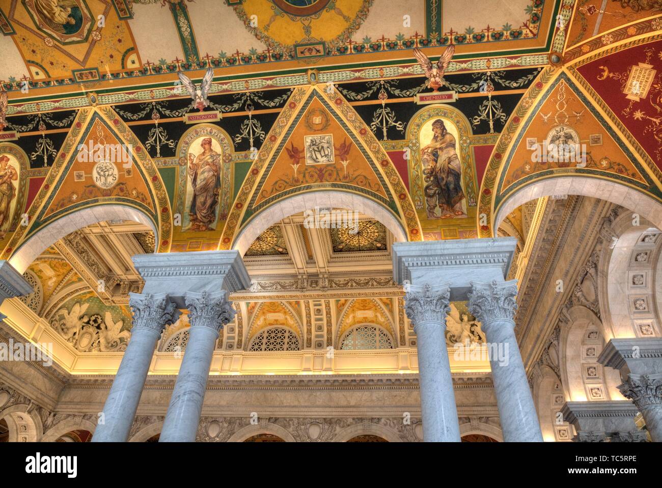 Ceiling and Walls, Mezzanine of the Great hall, Library of Congress, Washington D.C., USA Stock Photo