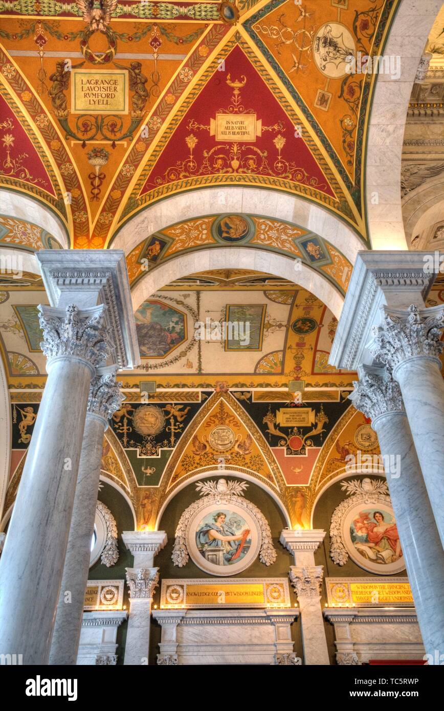 Ceiling and Walls, Mezzanine of the Great hall, Library of Congress, Washington D.C., USA Stock Photo