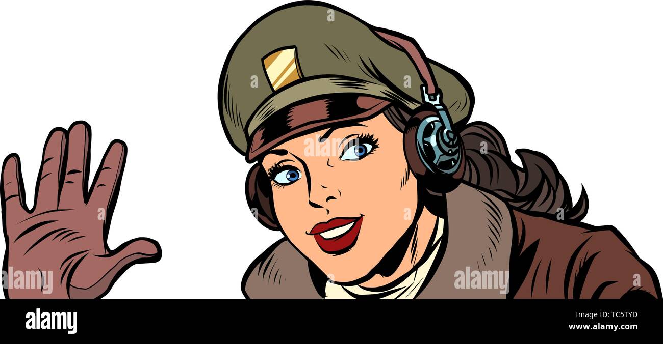 girl woman retro Aviator pilot welcome gesture. Pop art vector ...