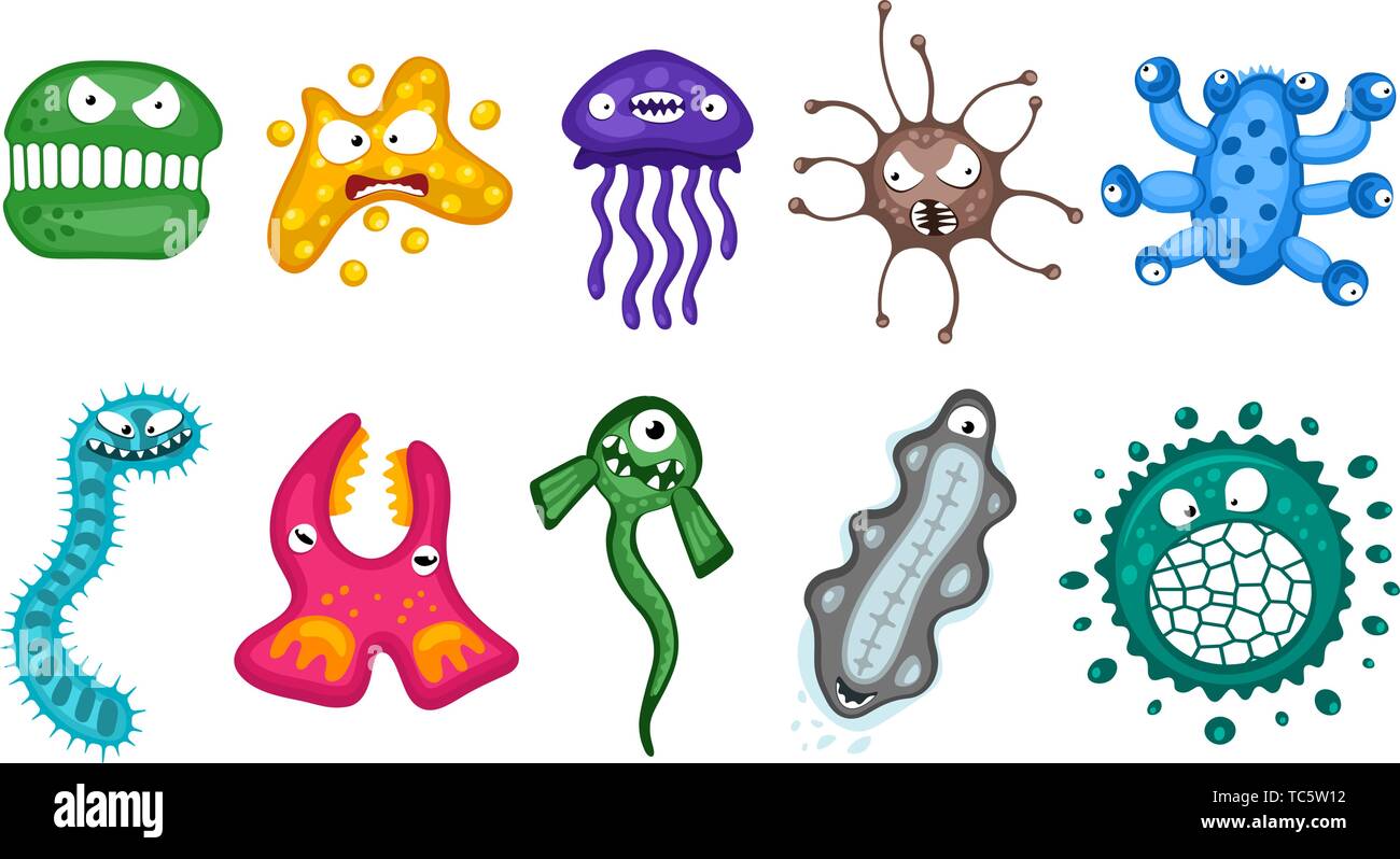 Various microorganisms virus vector cartoon bacteria germ emoticon character set. Bacterial ilness infection microbiology illustration. Microbe organi Stock Vector