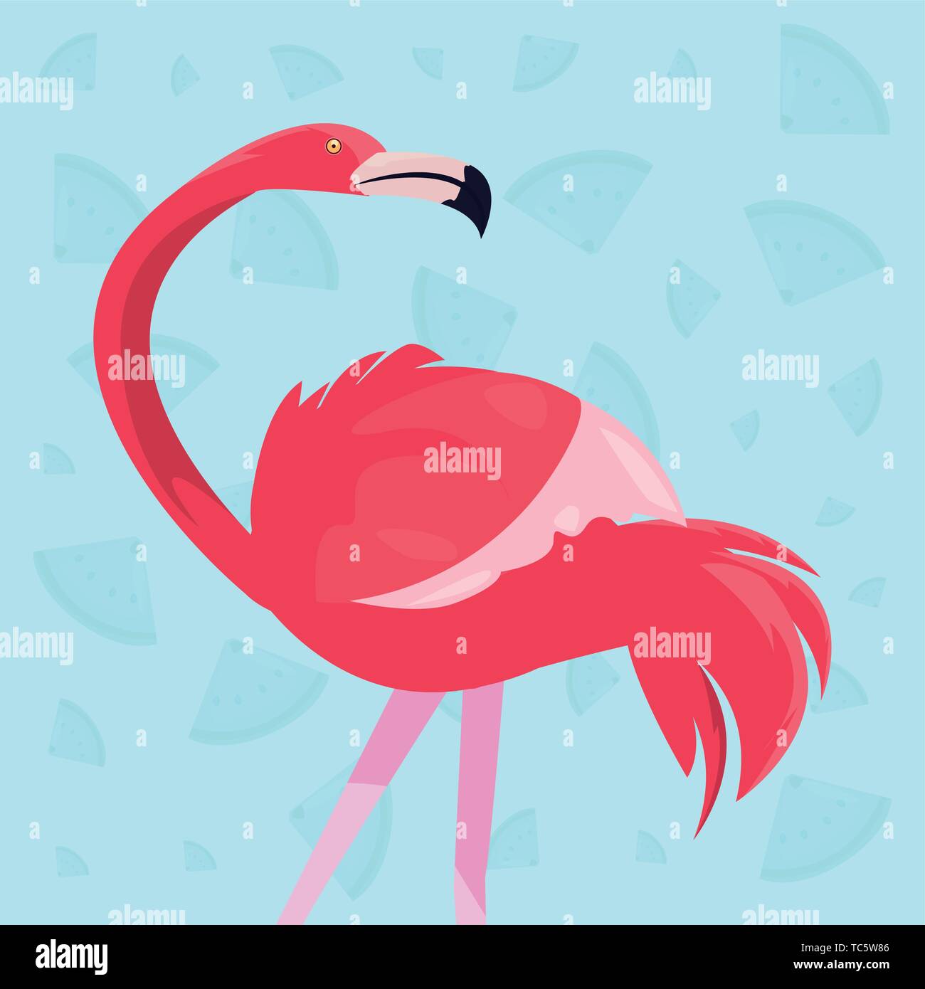 pink flamingo bird exotic on fruits background vector illustration ...