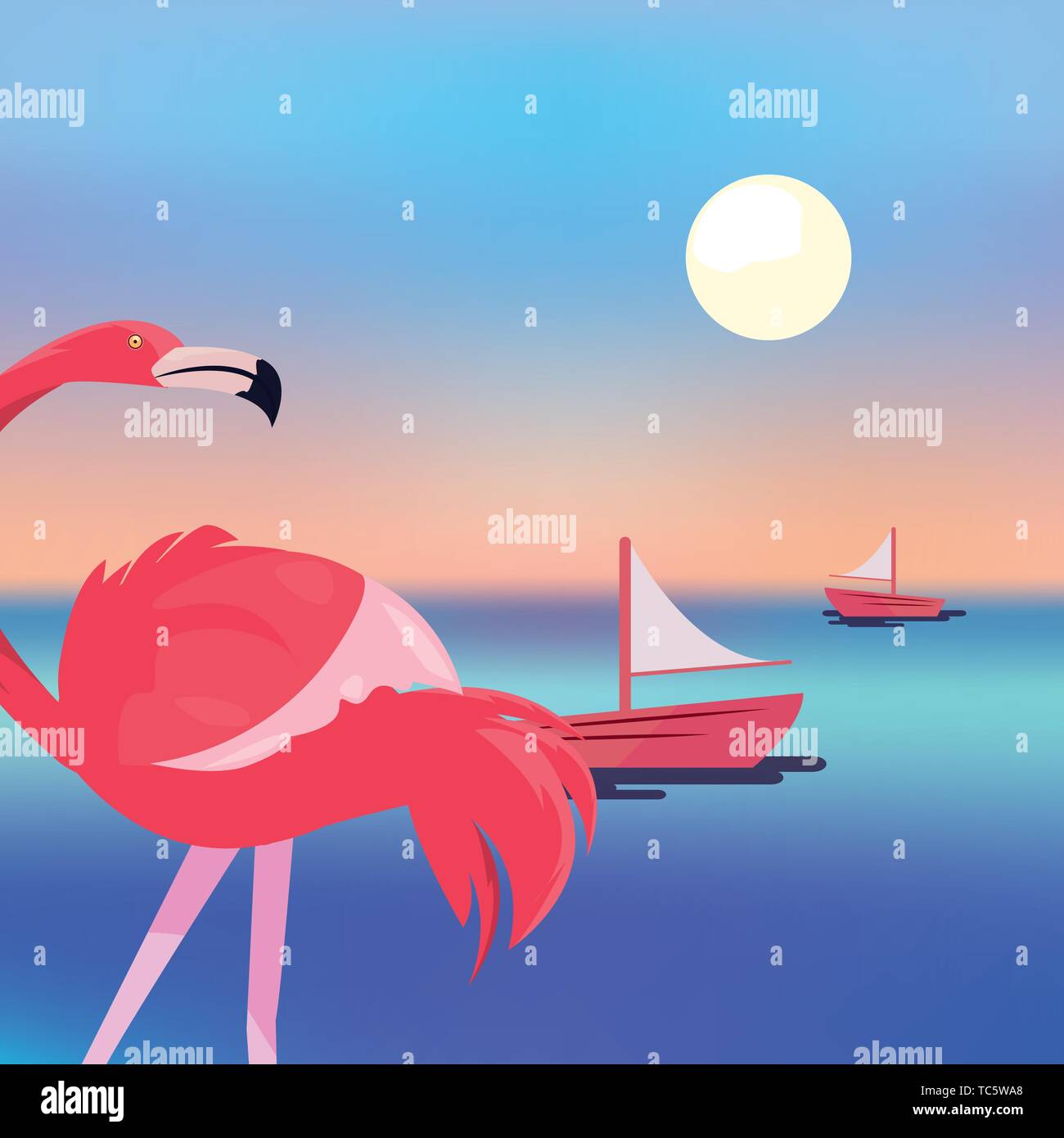 summer time holiday flamingo boats sunset sea background vector ...