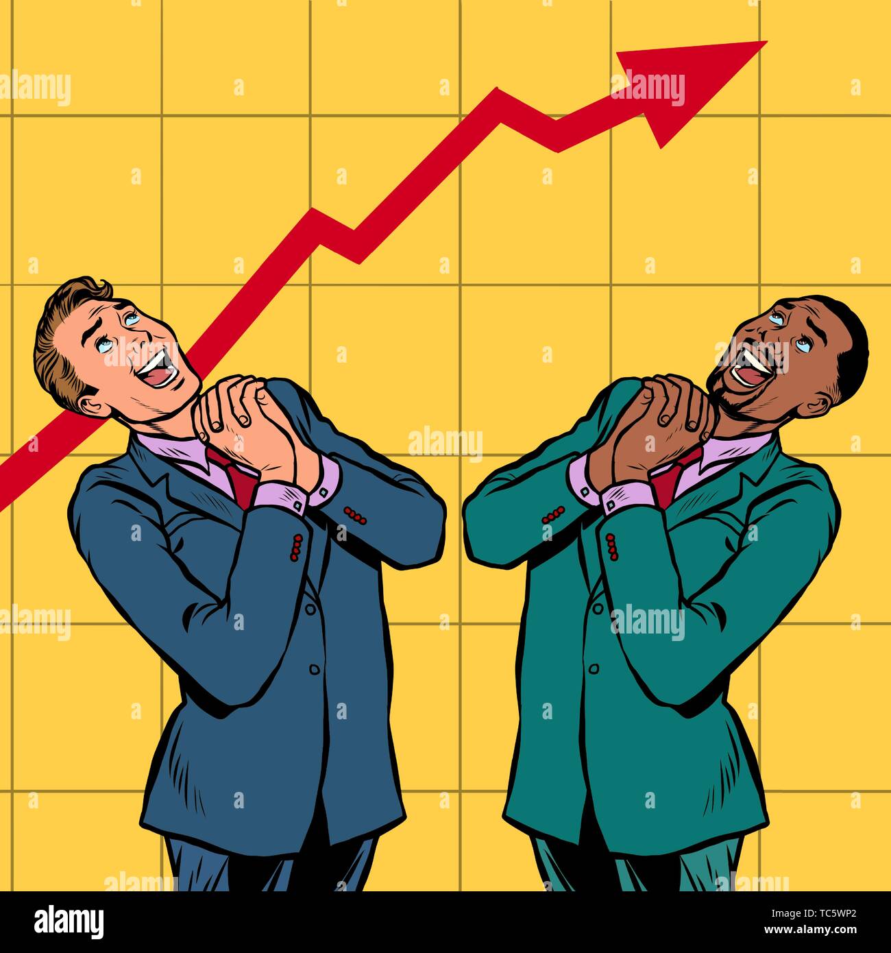 joyful Africa and Caucasian businessman growth chart. Pop art retro vector illustration vintage kitsch Stock Vector