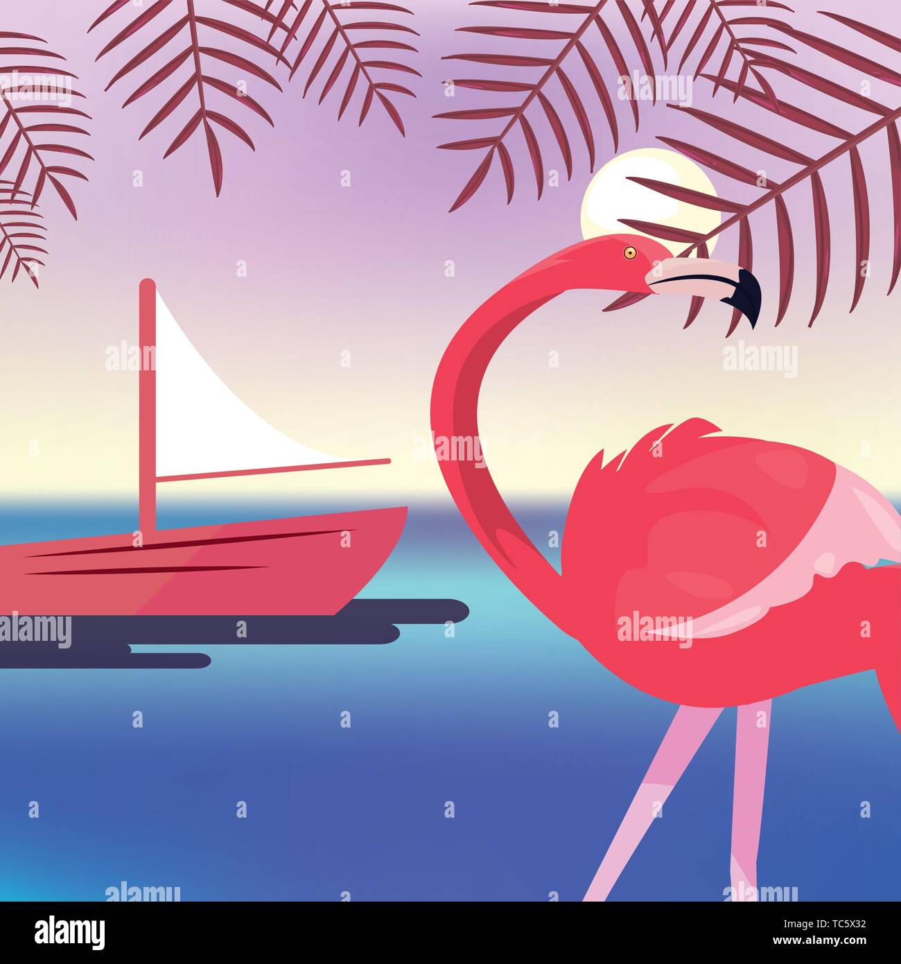 summer time holiday flamingo boat sunset sea background vector ...