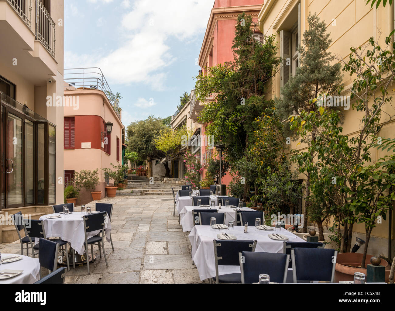 Taverna in ancient residential district of Plaka in Athens Greece Stock Photo