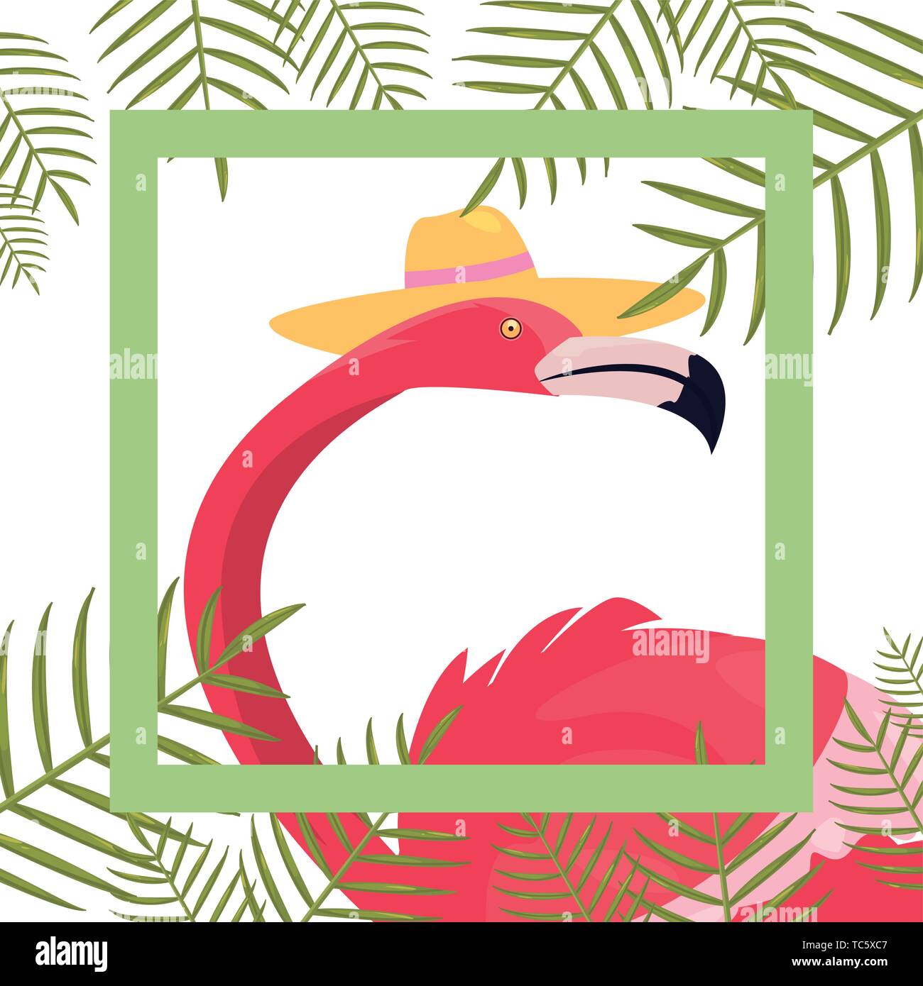 summer time holiday flamingo with hat banner leaves tropical vector ...