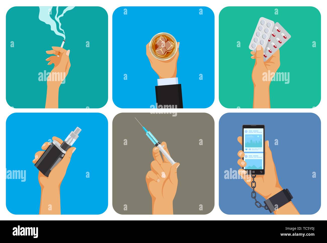 Set of bad habit, addiction icons, unhealthy lifestyle, smoking, alcohol, drugs, vape, gadget overuse, hand with cigarette, glass, syringe and Stock Vector