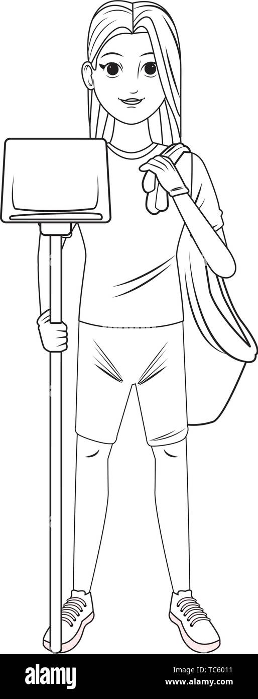 cleaning service person avatar cartoon character black and white Stock ...
