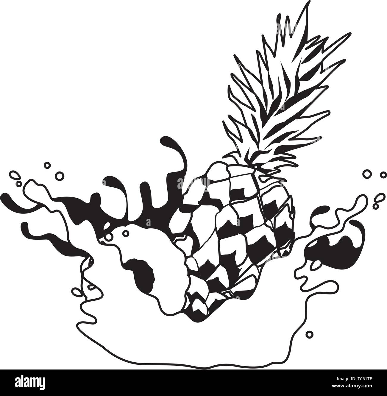 Pineapple with resfreshment drink splash in black and white Stock Vector
