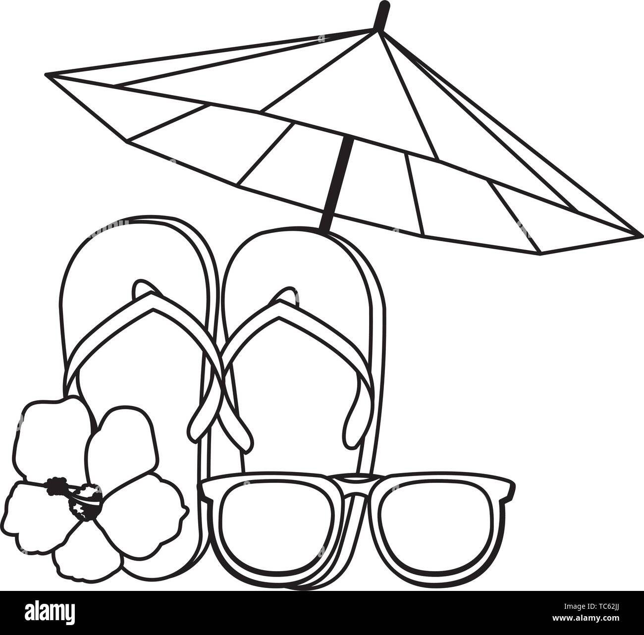 Umbrella and flip flops with sunglasses in black and white Stock Vector ...