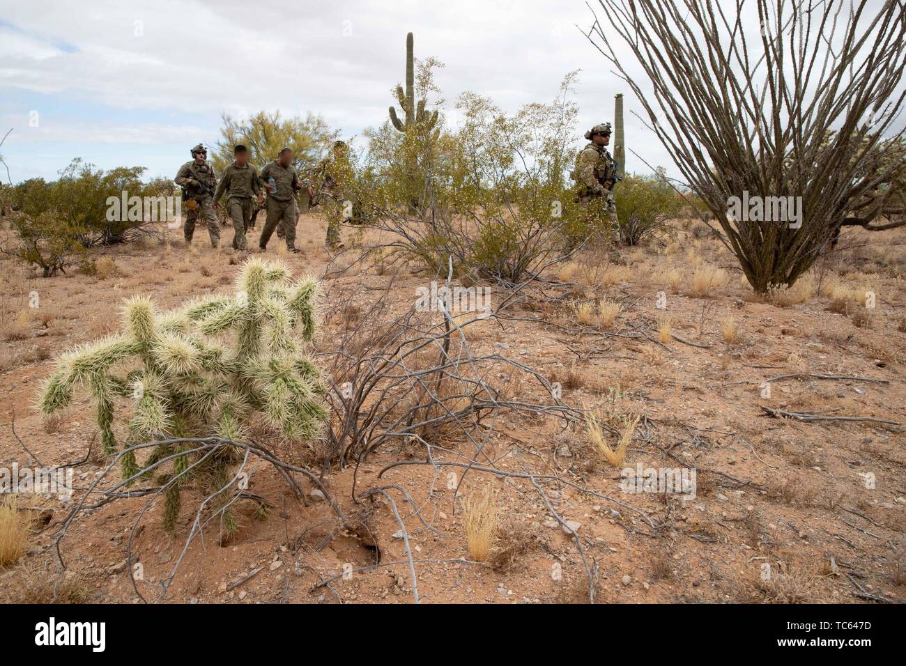 U.S. Border Patrol escort a group of illegal migrants to a Blackhawk helicopter after they were apprehended crossing from Mexico on the Tohono Oʼodham Indian Reservation May 22, 2019 near Pisinemo, Arizona. The faces are obscured by the Border Patrol to protect their identity. Stock Photo