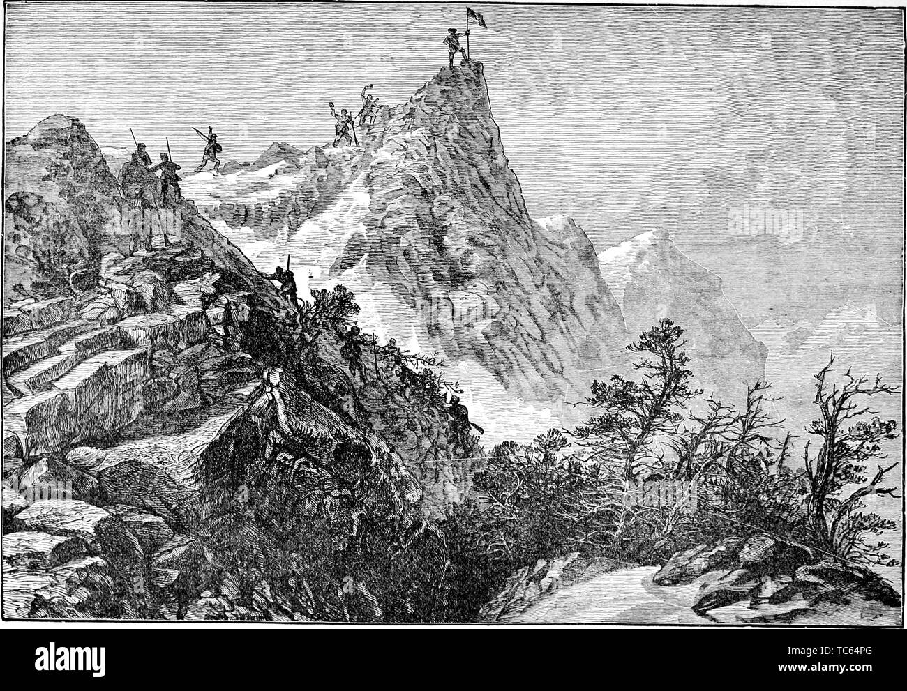 Engraving of John Charles Fremont holding an American flag on the Rocky Mountains, from the book 'A popular history of the United States of America, from the aboriginal times to the present day' by John Clark Ridpath, 1893. Courtesy Internet Archive. () Stock Photo