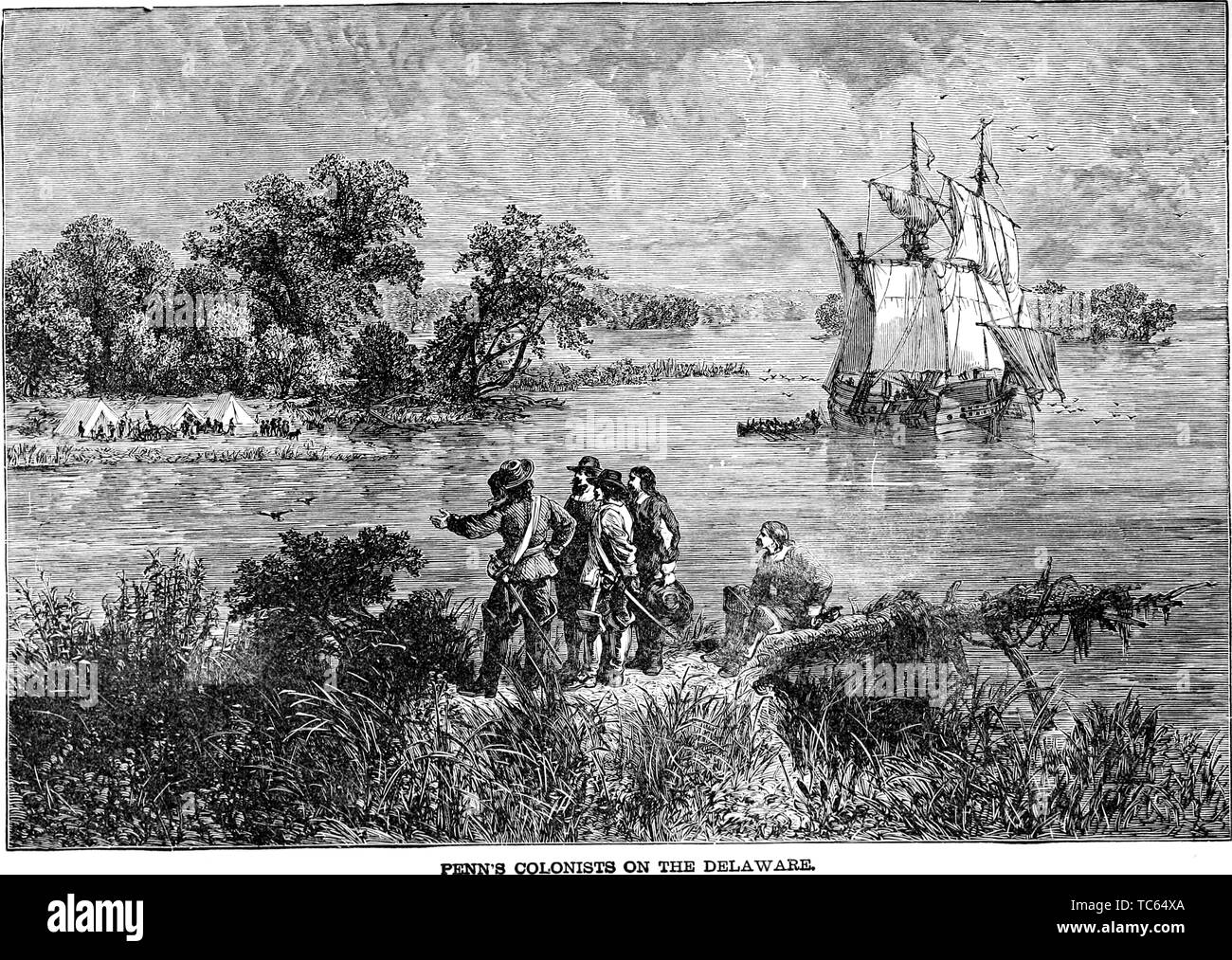 Engraving of the William Penn's colonists on the Delaware River, from the book 'A popular history of the United States of America, from the aboriginal times to the present day' by John Clark Ridpath, 1893. Courtesy Internet Archive. () Stock Photo