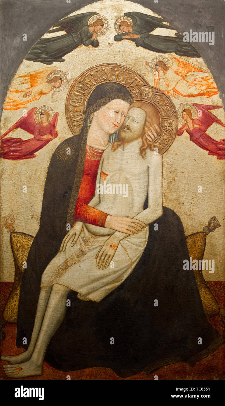 The painting 'Pieta con angeli dolenti' - Grieving Virgin Mary holding her dead Son Jesus Christ in her arms. XIV century. Stock Photo
