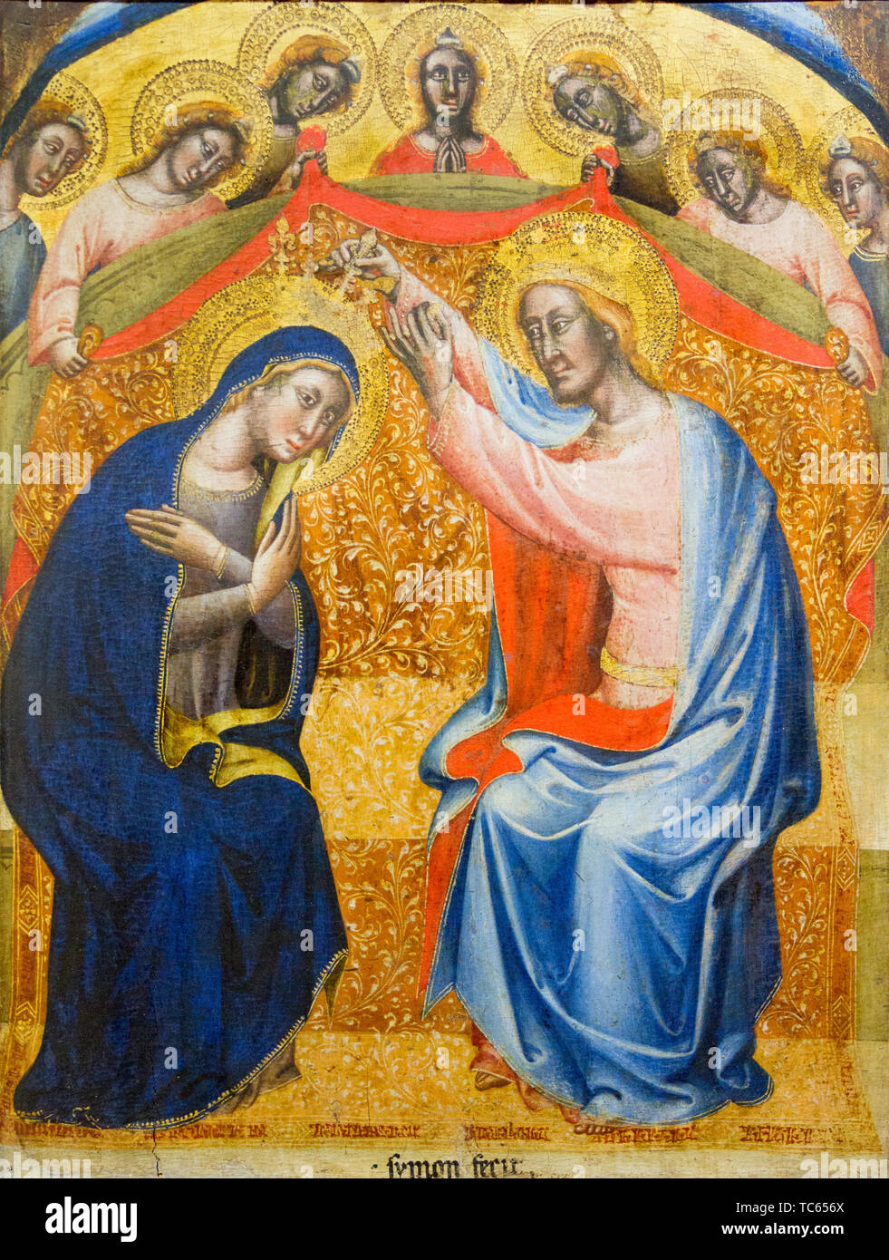 Painting of the Coronation of the Virgin Mary. XIV century, 1390s. By Simone di Filippo, called 'de' Crocifissi'. Currently in the Castello Visconteo. Stock Photo