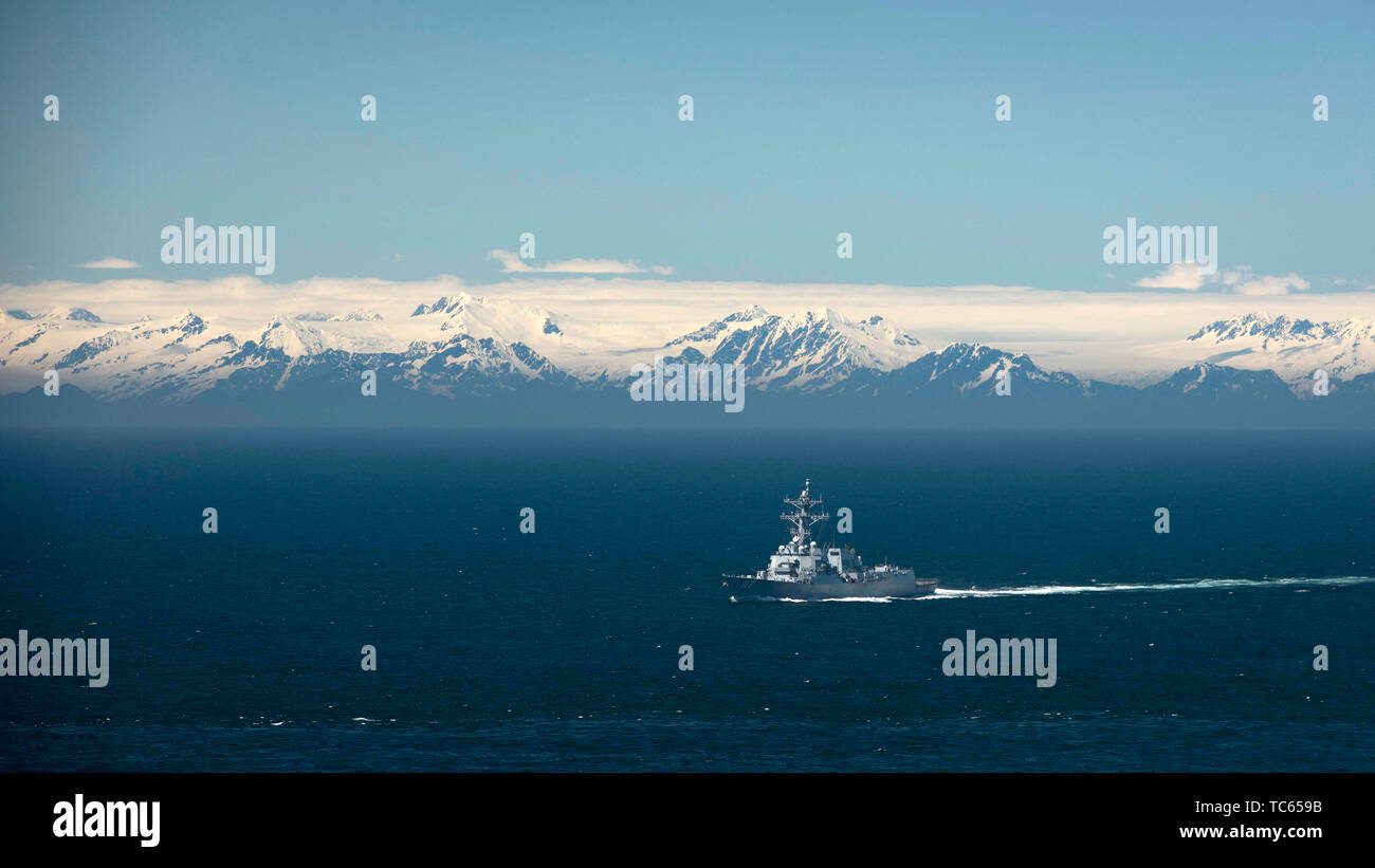 A U.S. Navy Arleigh Burke-class guided-missile destroyer USS Russell during exercise Northern Edge 2019 May 24, 2019 in the Gulf of Alaska. Stock Photo