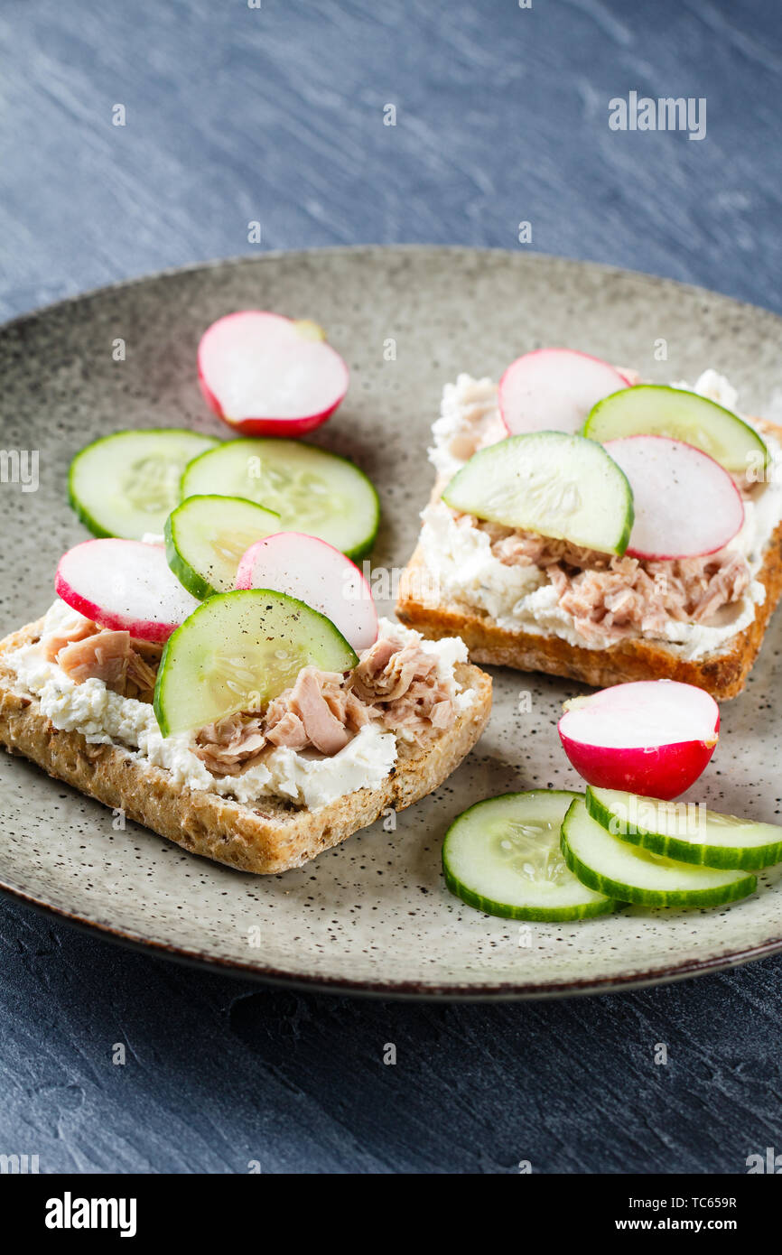Delicious Sandwich With Cream Cheese Tuna And Fresh Vegetables