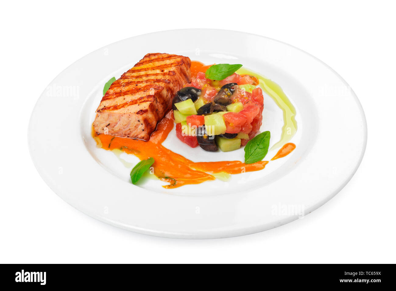 Grilled salmon fillet isolated on white Stock Photo - Alamy