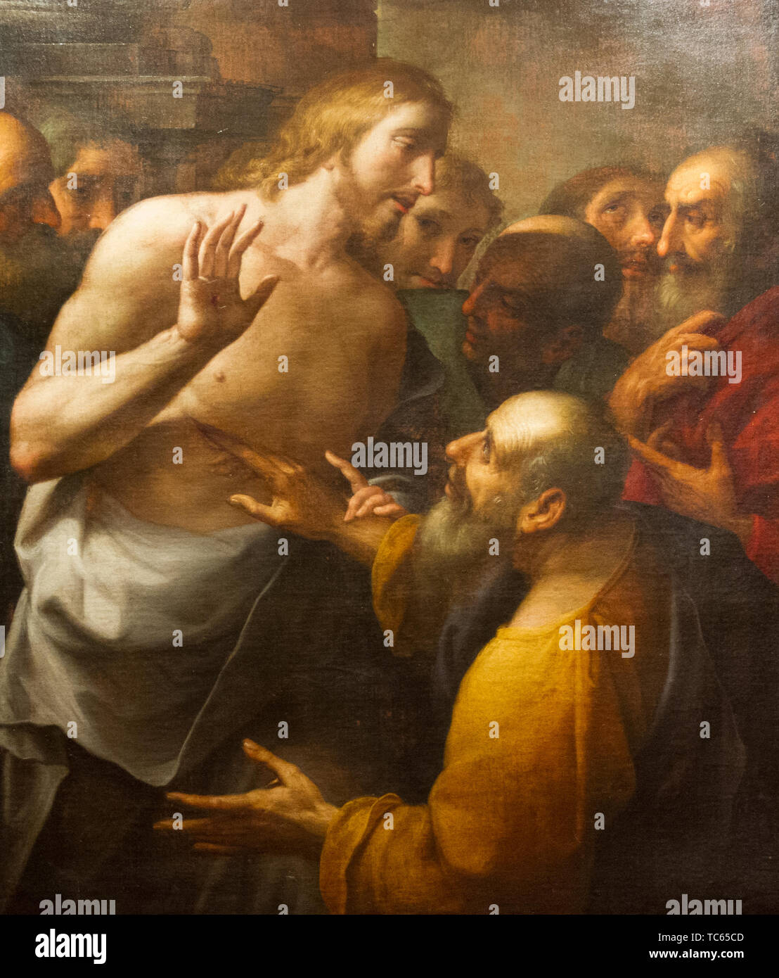 The painting of the Resurrected Jesus Christ and the incredulous apostle Thomas by Antonio Busca (1625-1684). Stock Photo