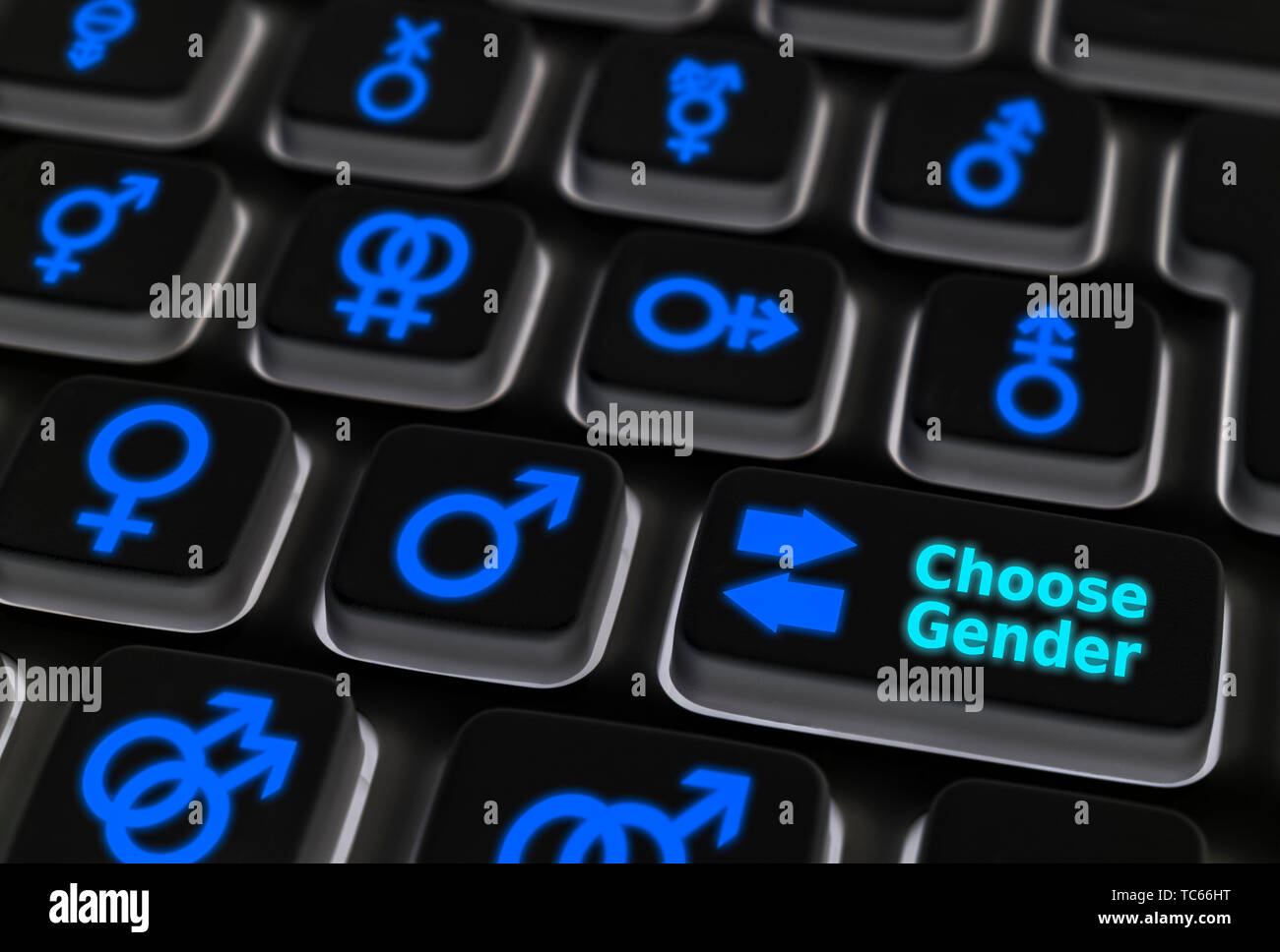 Computer keyboard with different gender symbols on the buttons to show many different genders that people may choose to identify as. Gender identity. Stock Photo