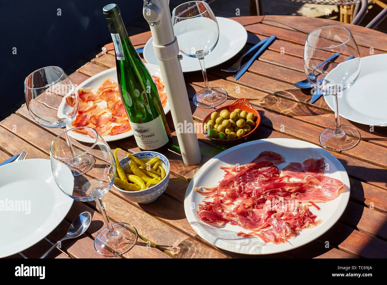 appetizer on the terrace, Urain Apartments, Basque farmhouse, Deba, Gipuzkoa, Basque Country, Spain, Europe Stock Photo