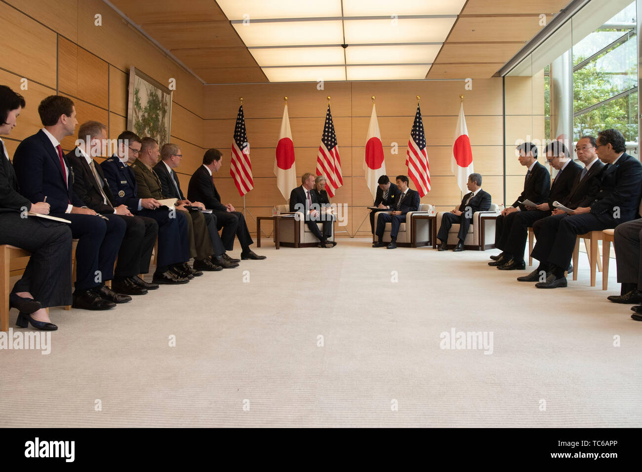 U.S. Acting Secretary of Defense Patrick M. Shanahan meets with Japan’s Prime Minister Shinzō Abe, at the prime minister’s residence, Tokyo, Japan, June 4, 2019. (DoD photo by Lisa Ferdinando) Stock Photo