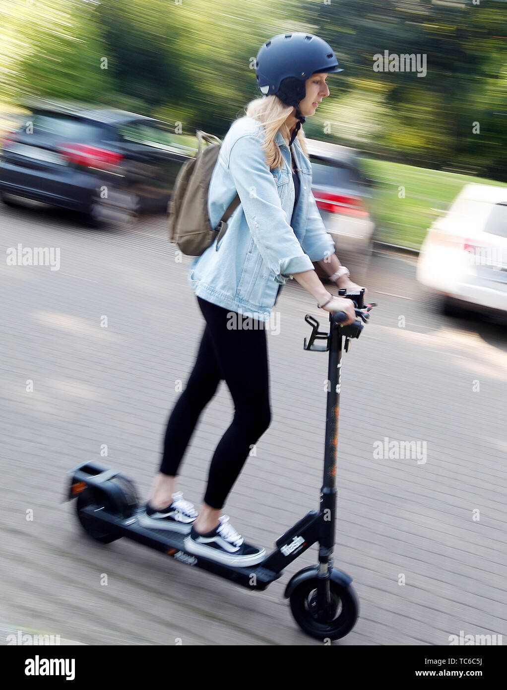 Herne, Germany. 05th June, 2019. Emina makes a test drive with the E-Scooter of Circ (so far Flash). In Herne, citizens can now drive through the city on 50 electric scooters. Credit: Roland Weihrauch/dpa/Alamy Live News Stock Photo