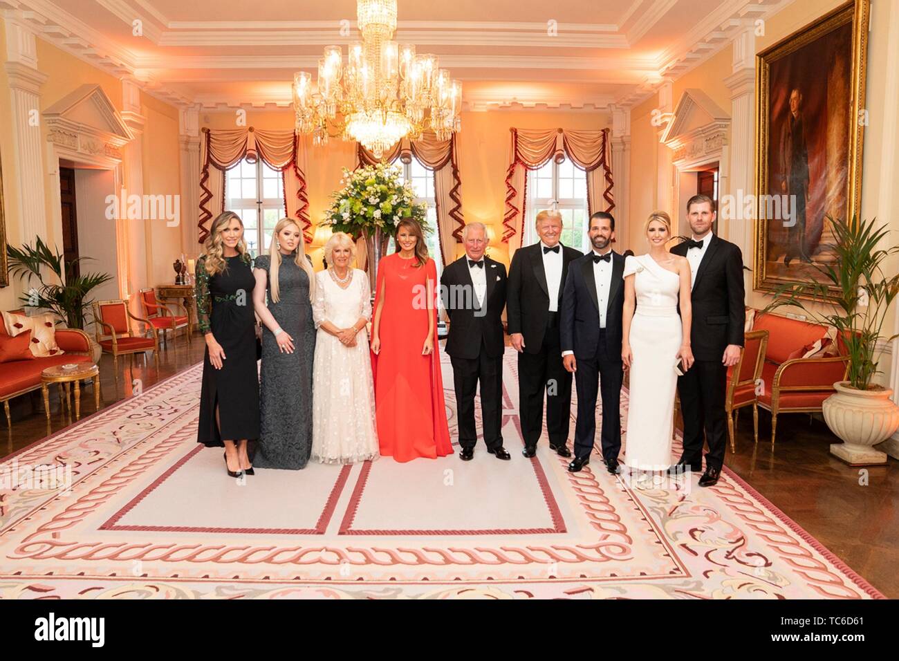 London, UK. 04th June, 2019. U.S President Donald Trump, and First Lady Melania Trump pose with Prince Charles and the Duchess of Cornwall at a gala hosted by the Trumps at Winfield House June 4, 2019 in London, England. Joining the from left, Lara Trump, Tiffany Trump, Donald Trump, Jr., Ivanka Trump and Eric Trump. Credit: Planetpix/Alamy Live News Stock Photo