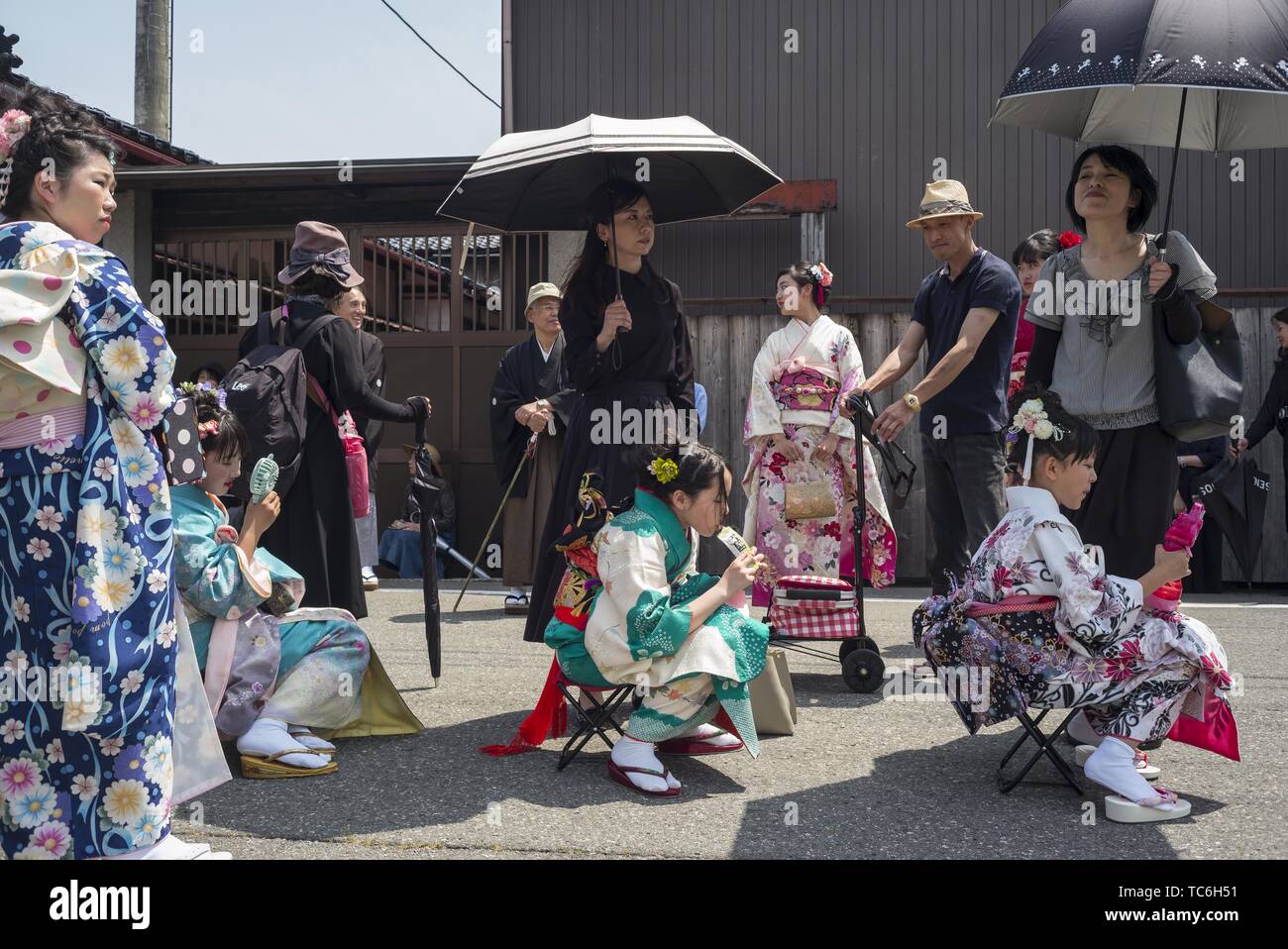 Oyama, Japan. 05th June, 2019. Oyama Inu Matsuri (Dog Festival) June 5th. The festival is based on a 300 year old legend that takes place in the 1500 year old Sugio Jinja Shrine in Oyama. Legend has it that the shrine was tormented by demons who demanded the sacrifice of a young girl every year. The villagers complied to avoid famine and torment. A simple dog named Mekke Inu finally killed all the demons, but in the process became mortally wounded and died. The festival commemorates the heroic dog with a parade around the town ending at the shrine. Credit: ZUMA Press, Inc./Alamy Live News Stock Photo