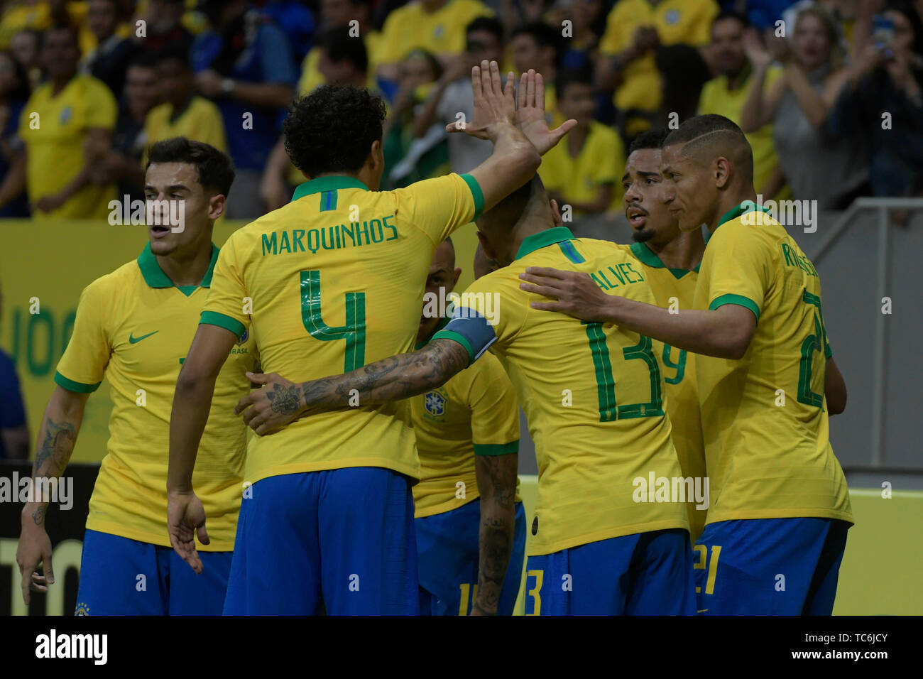 Brasilia, Brazil. 05th June, 2019. Players of the Brazilian National Team during a friendly against the Qatar National Team, valid as preparation for the Copa América 2019, on the night of Wednesday, 05, at the National Stadium Mané Garrincha in Brasília. (PHOTO: RICARDO BOTELHO/BRAZIL PHOTO PRESS) Credit: Brazil Photo Press/Alamy Live News Stock Photo