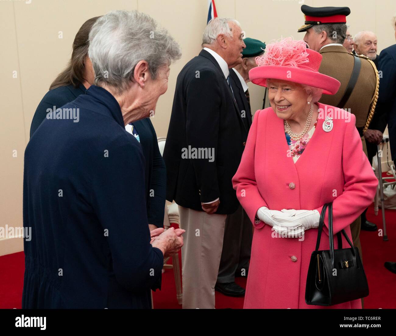 Portsmouth, UK. 05th June, 2019. HRH Queen Elizabeth II meets with WW2 veterans and family members during a D-Day National Commemorative Event at the Southsea Common June 5, 2019 in Portsmouth, England. World leaders gathered on the south coast of England where troops departed for the D-Day assault 75-years-ago. Credit: Planetpix/Alamy Live News Stock Photo