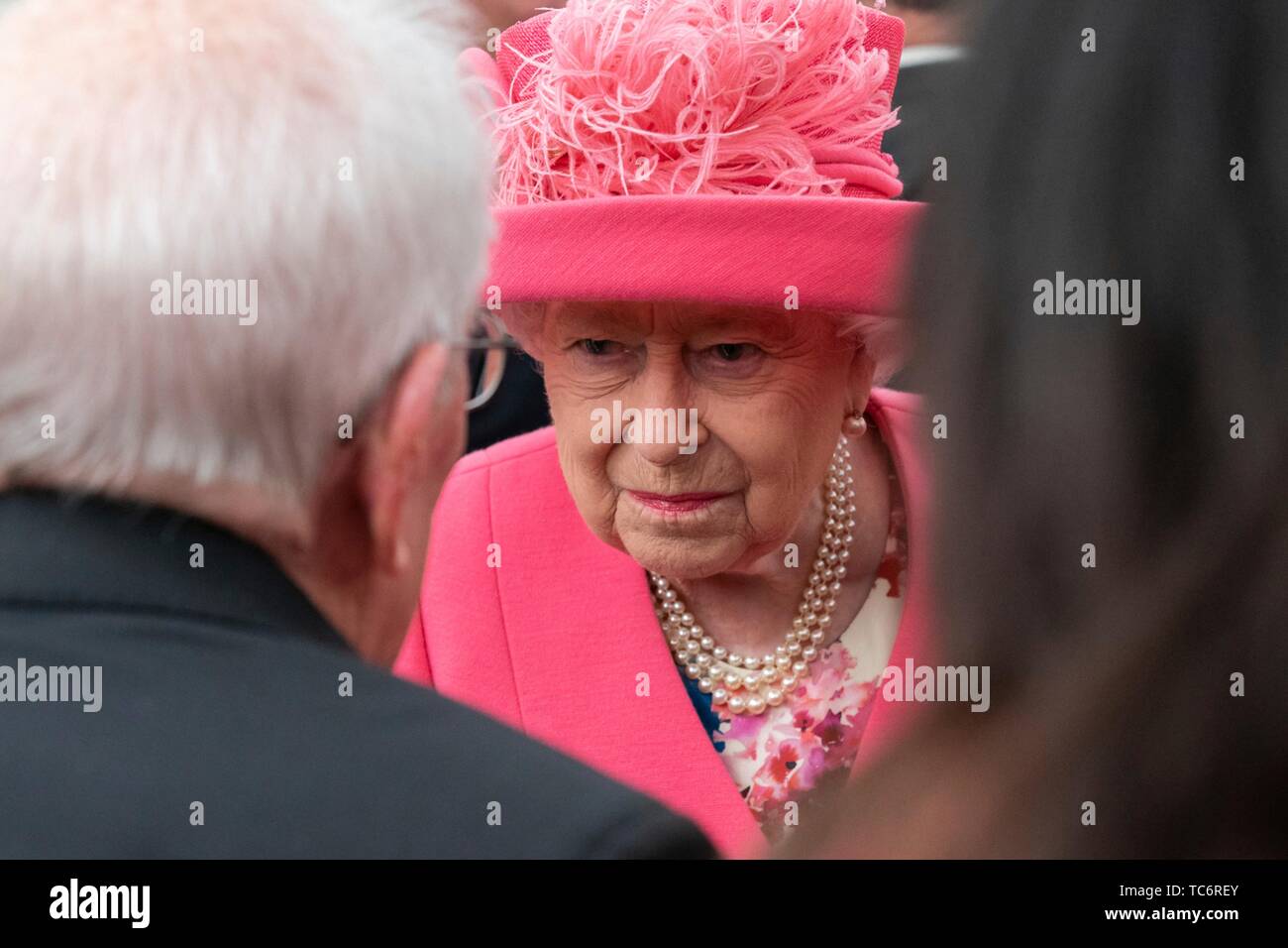 Portsmouth, UK. 05th June, 2019. HRH Queen Elizabeth II meets with WW2 veterans and family members during a D-Day National Commemorative Event at the Southsea Common June 5, 2019 in Portsmouth, England. World leaders gathered on the south coast of England where troops departed for the D-Day assault 75-years-ago. Credit: Planetpix/Alamy Live News Stock Photo