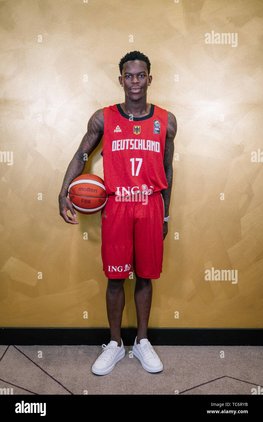 Brunswick, Germany. 06th June, 2019. Dennis Schröder, German national  basketball player, presents the new jersey of the German national team  after a press conference of the German Basketball Federation (DBB). Credit:  Ole