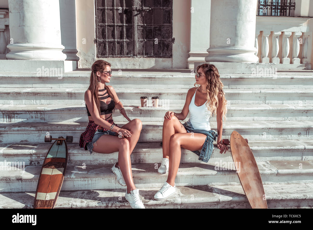 Two Girls Girlfriends Summer City Skate Boards Longboard Cups