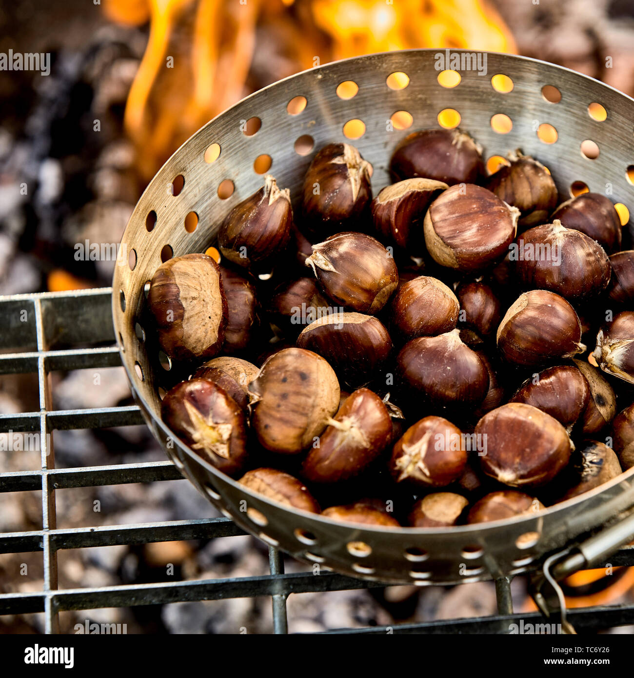 Close up on fresh fall chestnuts in their skins roasting on a fire in a metal roaster for a tasty healthy seasonal snack Stock Photo