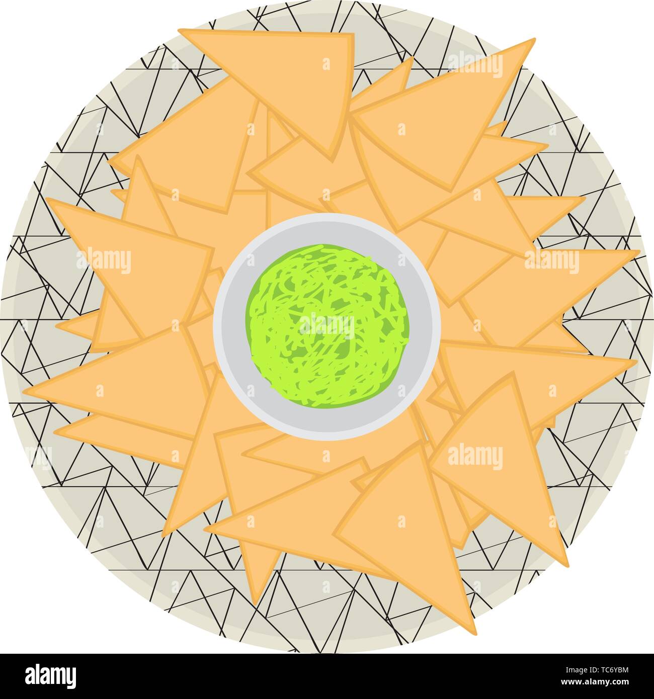 Top view of nachos with guacamole on a plate - Vector Stock Vector