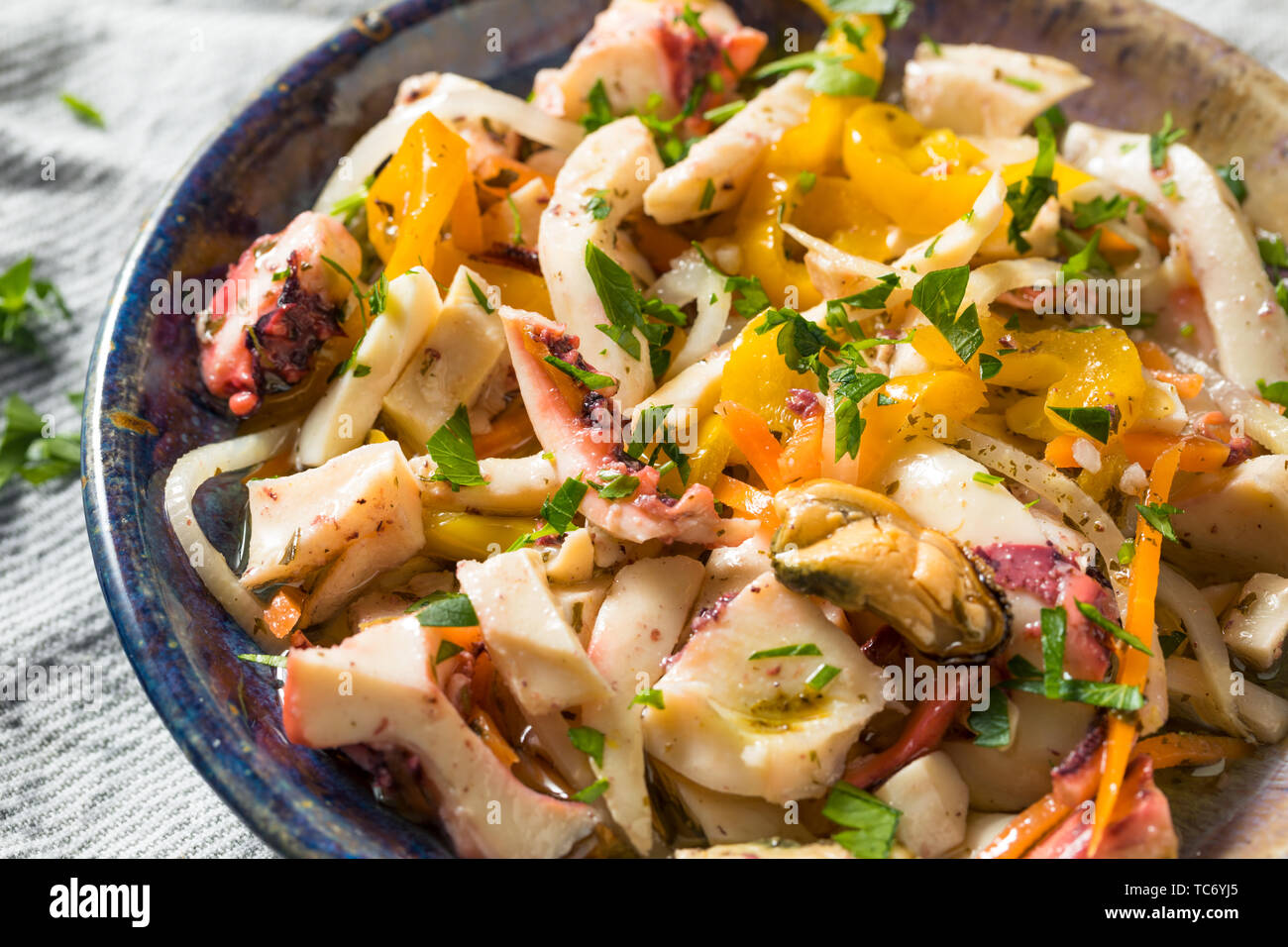 Homemade Cold Seafood Salad with Fish Mussels and Octopus Stock Photo
