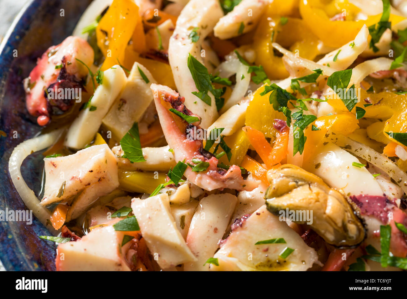 Homemade Cold Seafood Salad with Fish Mussels and Octopus Stock Photo