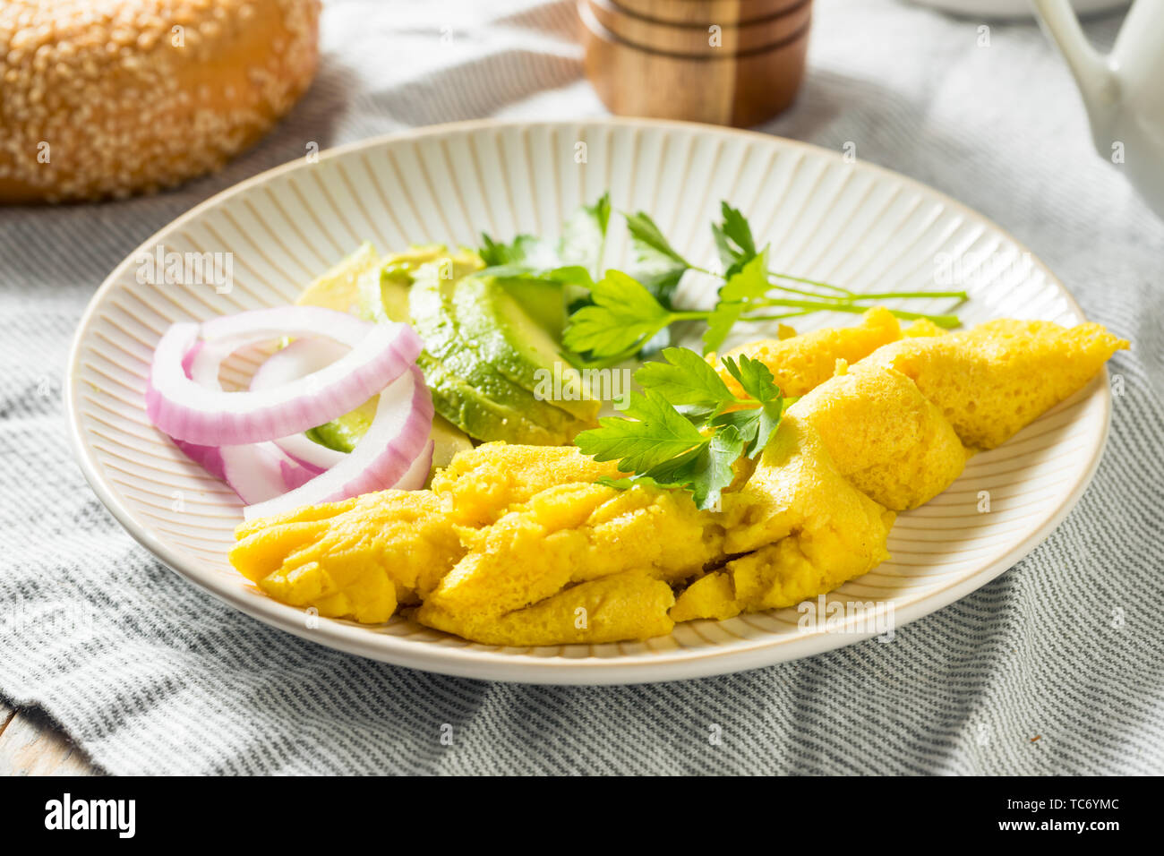 Healthy Homemade Vegan Mung Bean Scrambled Eggs with Veggies Stock Photo
