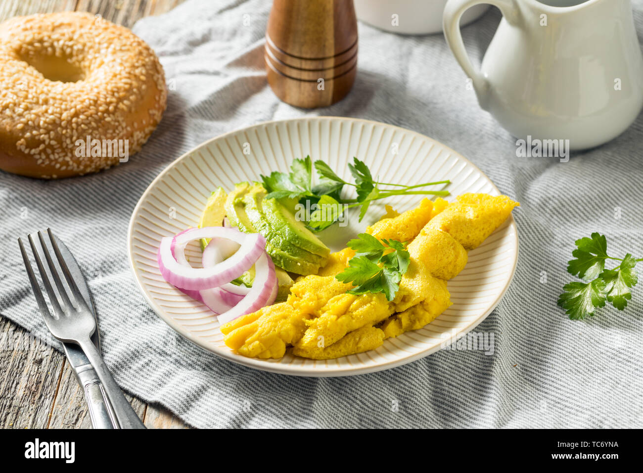 Healthy Homemade Vegan Mung Bean Scrambled Eggs with Veggies Stock