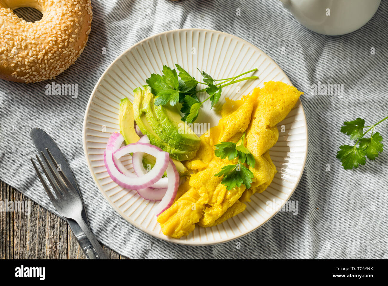 Healthy Homemade Vegan Mung Bean Scrambled Eggs with Veggies Stock Photo
