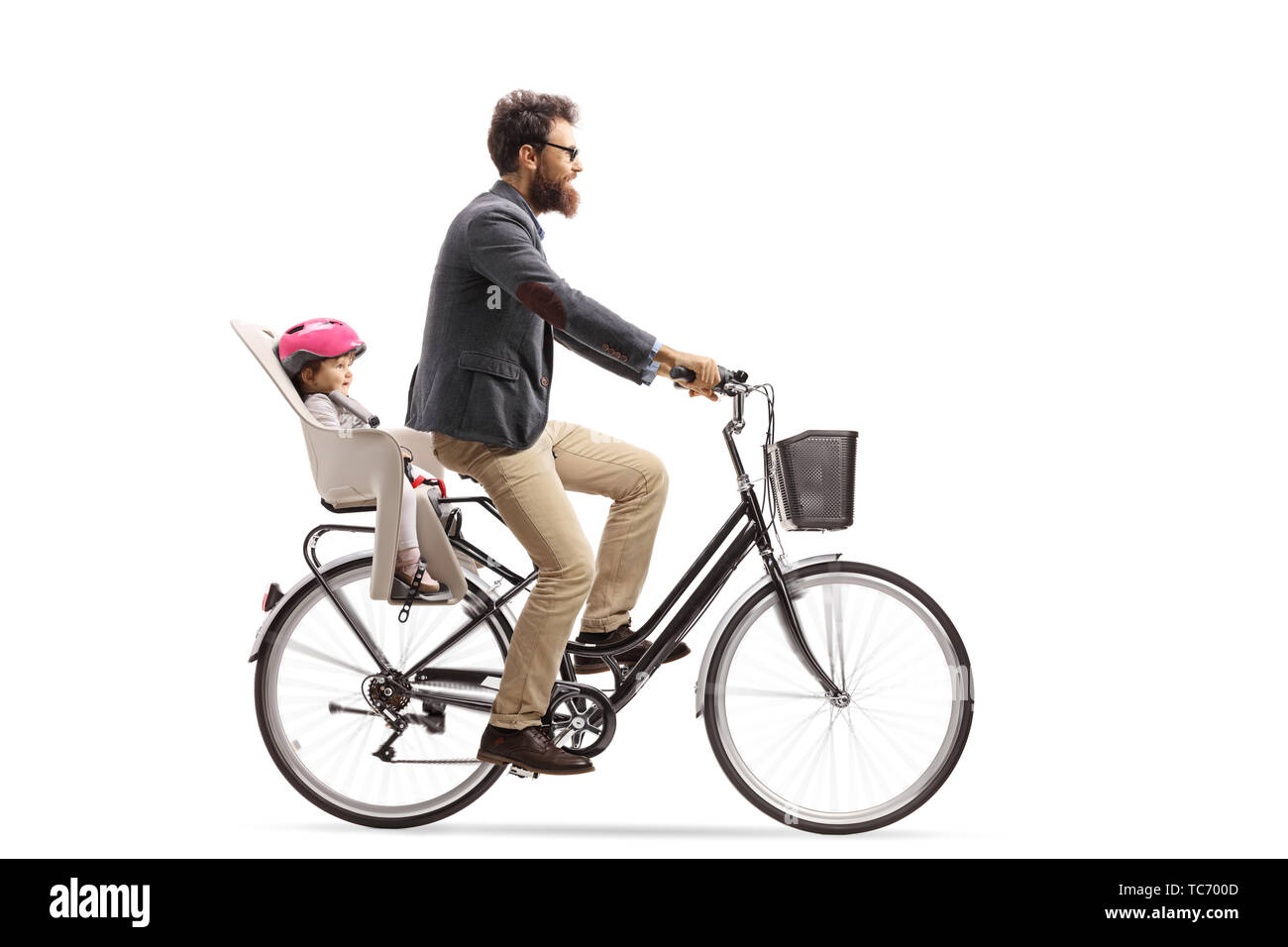 Full length shot of a father riding a child in a bicycle child's seat isolated on white background Stock Photo