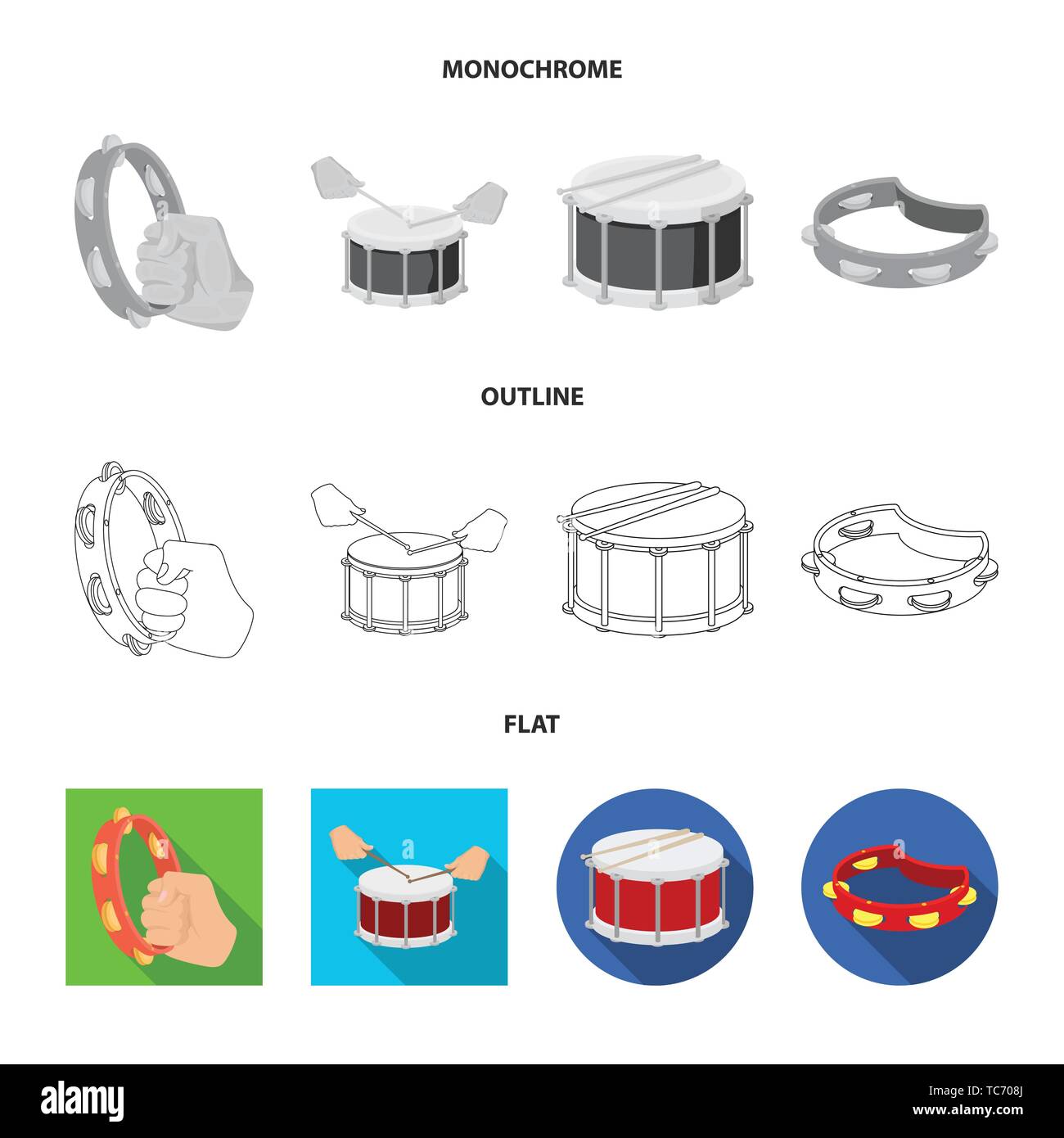 Vector illustration of drum and instrument sign. Set of drum and ...