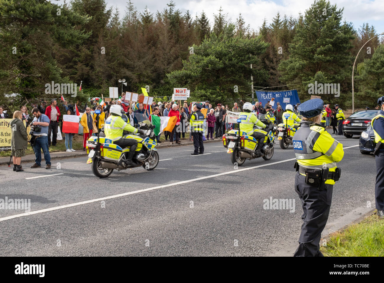 Shannon, Ireland, June. 5, 2019: Protestors outside Shannon Airport protesting against the Donald Trump visit today Stock Photo