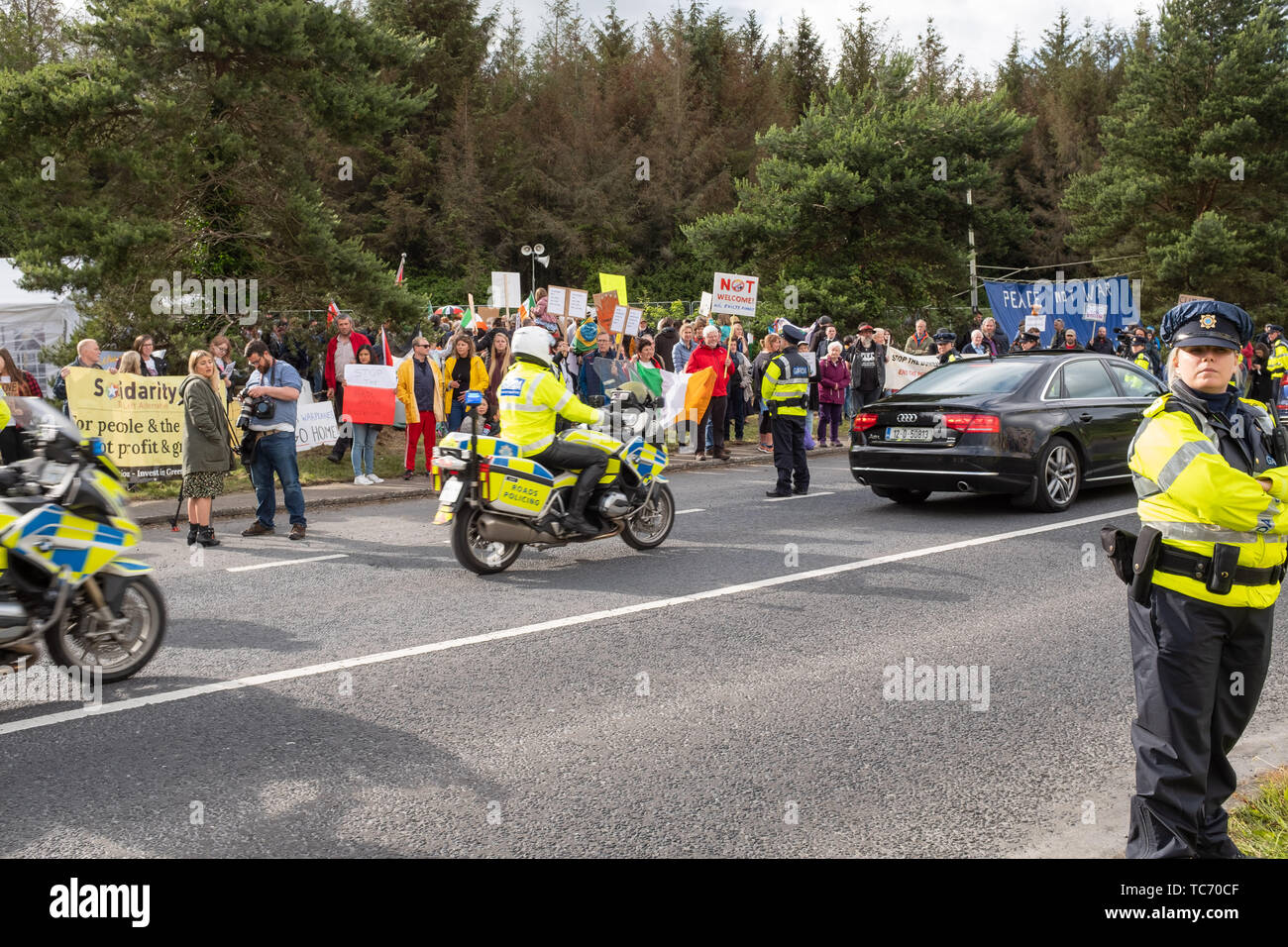 Shannon, Ireland, June. 5, 2019: Protestors outside Shannon Airport protesting against the Donald Trump visit today Stock Photo