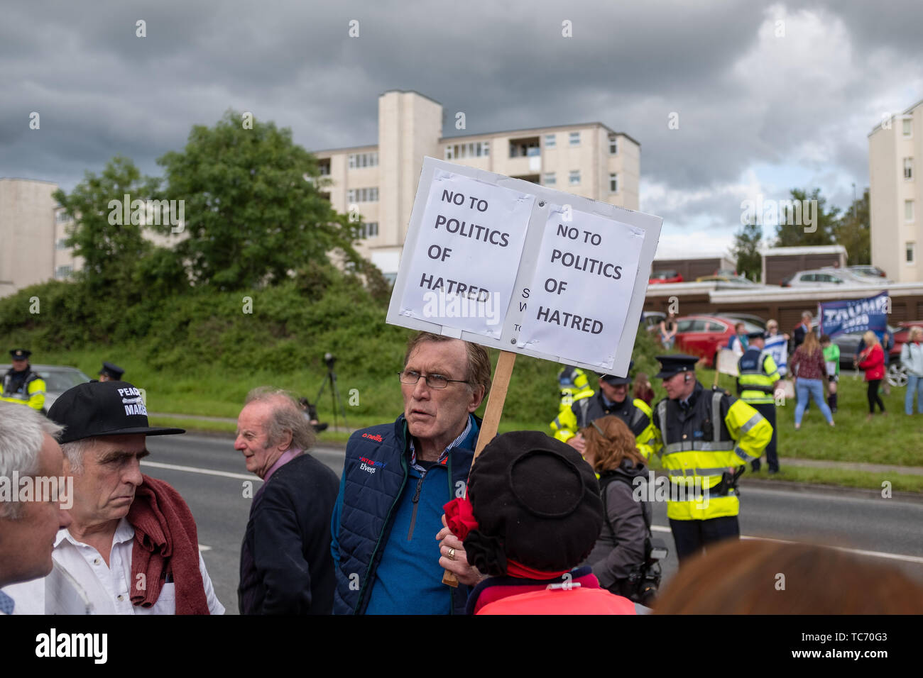 Shannon, Ireland, June. 5, 2019: PA man with a placard protesting against the Donald Trump visit at Shannon Airport, Ireland 2 today Stock Photo