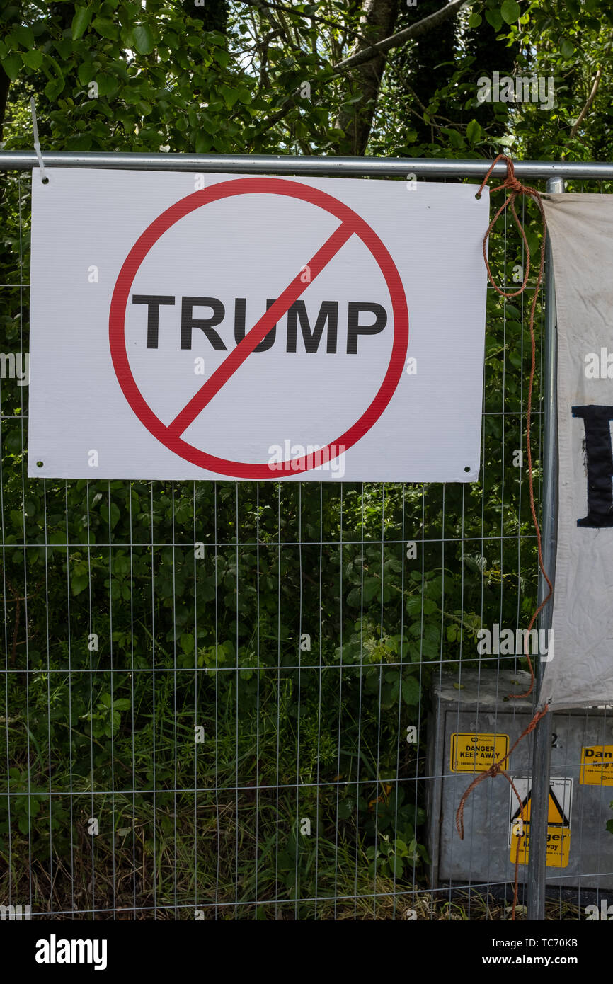 Shannon, Ireland, June. 5, 2019: Anti Trump sign attached to a fence at Shannon Airport, Ireland, today Stock Photo